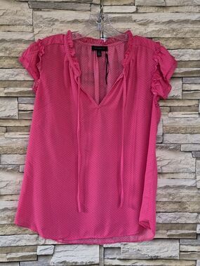 ​Tamara H. Blouse Women's Size Medium Pink Polka Dot Ruffle Tie-Neck Casual